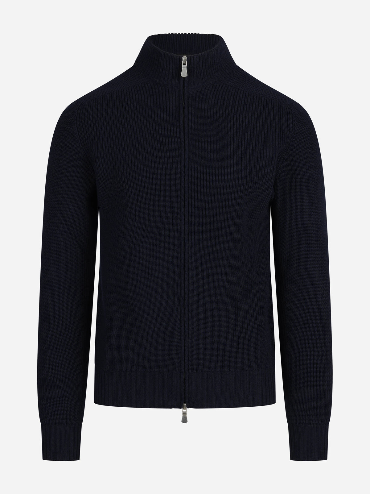 Cardigan con zip in lana vergine blu - vista frontale