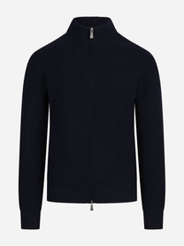 Cardigan con zip in lana vergine blu - vista frontale