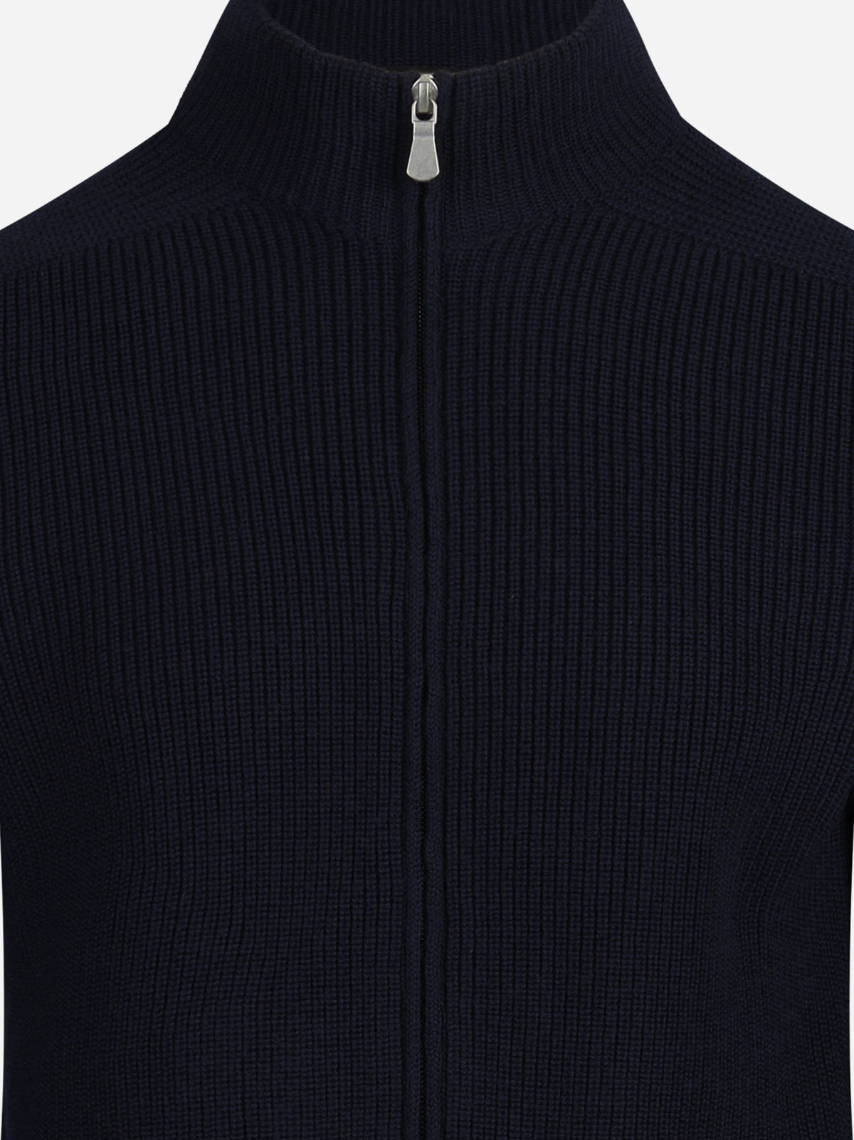 Cardigan con zip in lana vergine blu - dettaglio del prodotto