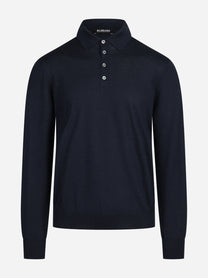Polo a maniche lunghe in lana seta e cashmere blu - vista frontale