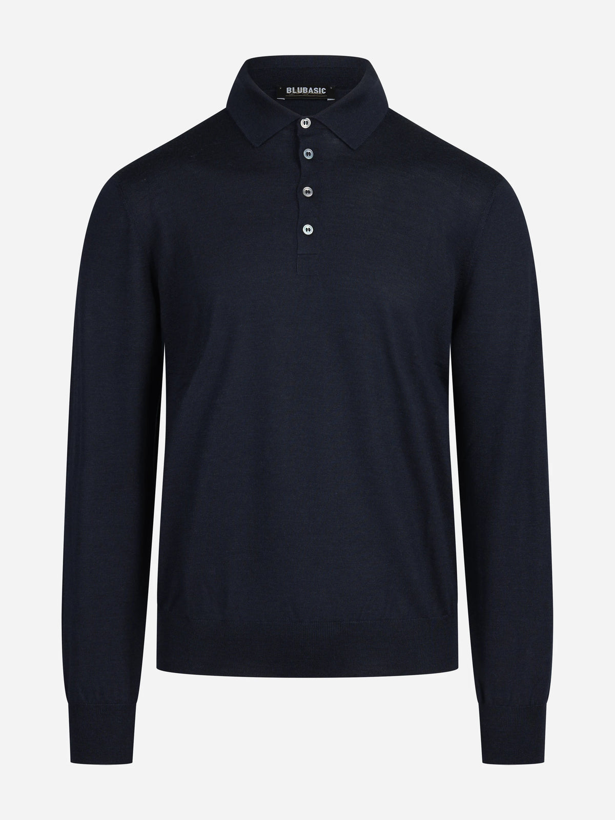 Polo a maniche lunghe in lana seta e cashmere blu - vista frontale