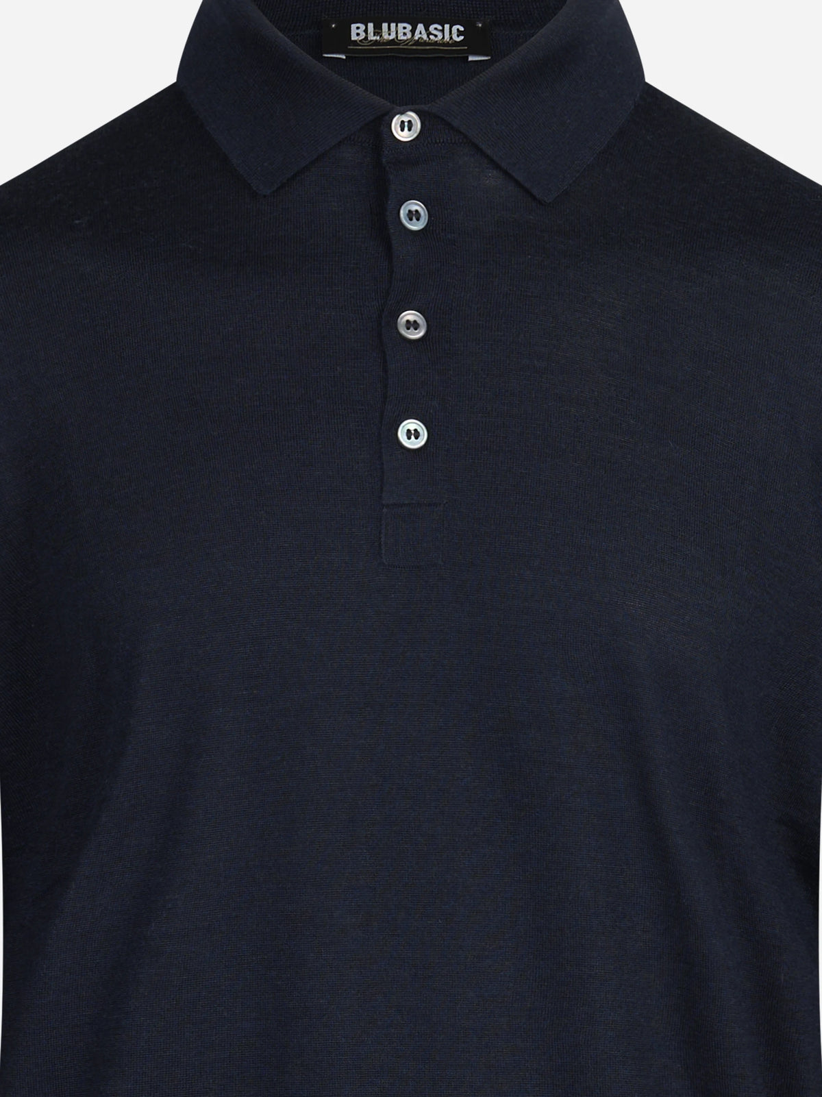 Polo a maniche lunghe in lana seta e cashmere blu - dettaglio del prodotto