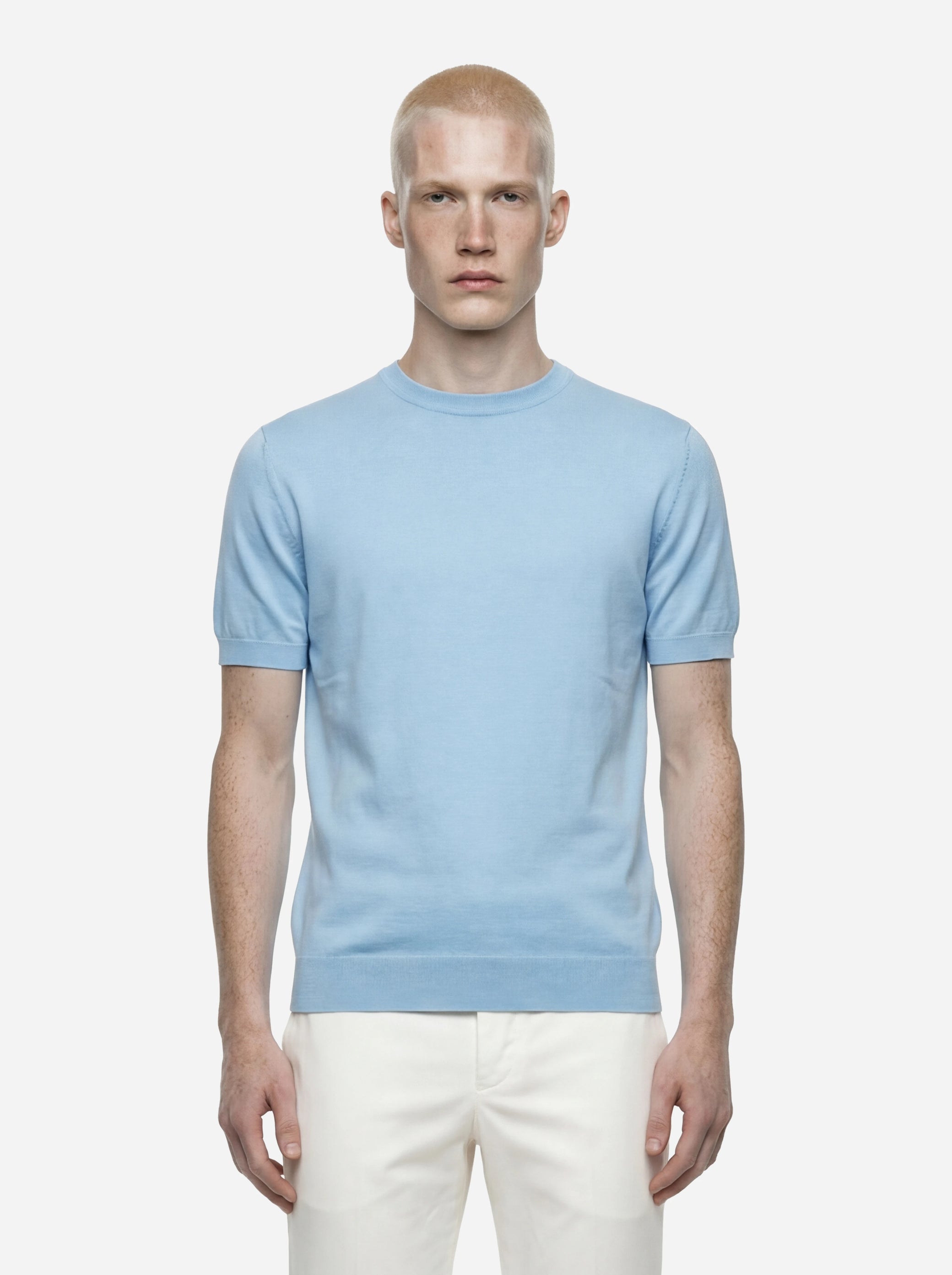 Maglia girocollo manica corta in cotone celeste