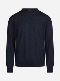 Maglia girocollo in lana e seta blu - vista frontale
