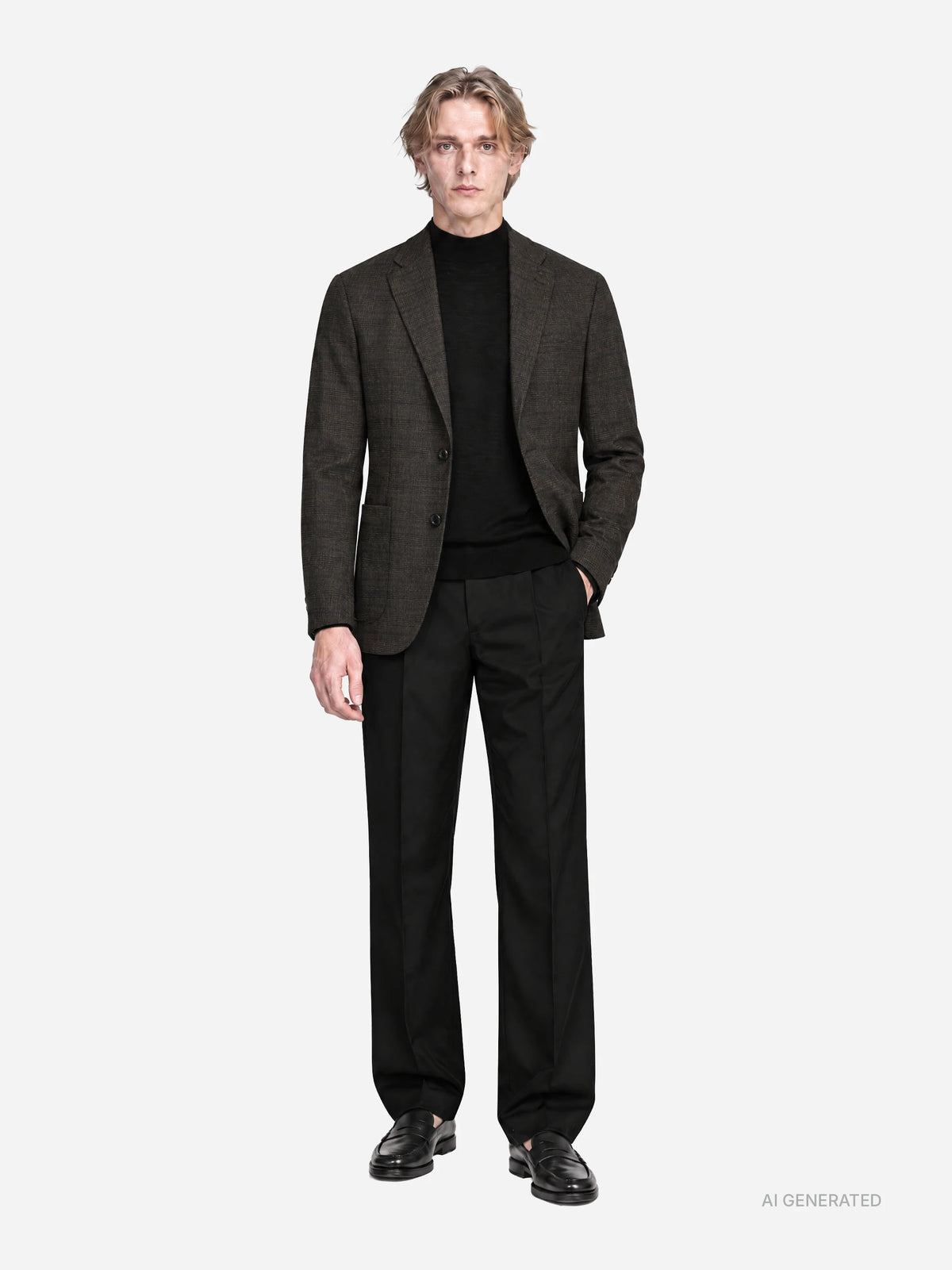 Giacca monopetto a quadri marrone - indossato, look completo