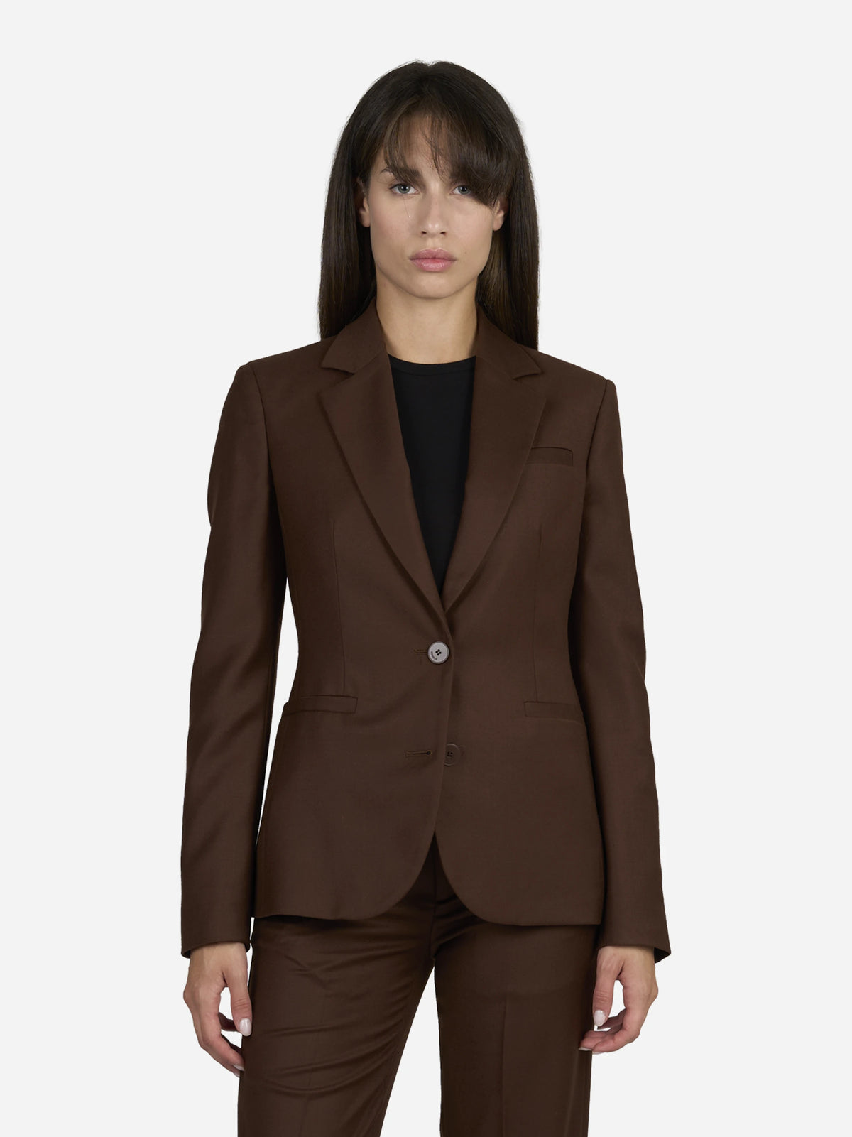 Blazer slim fit in lana stretch marrone - indossato, vista frontale