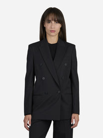 Blazer doppiopetto in lana stretch nero - indossato, vista frontale