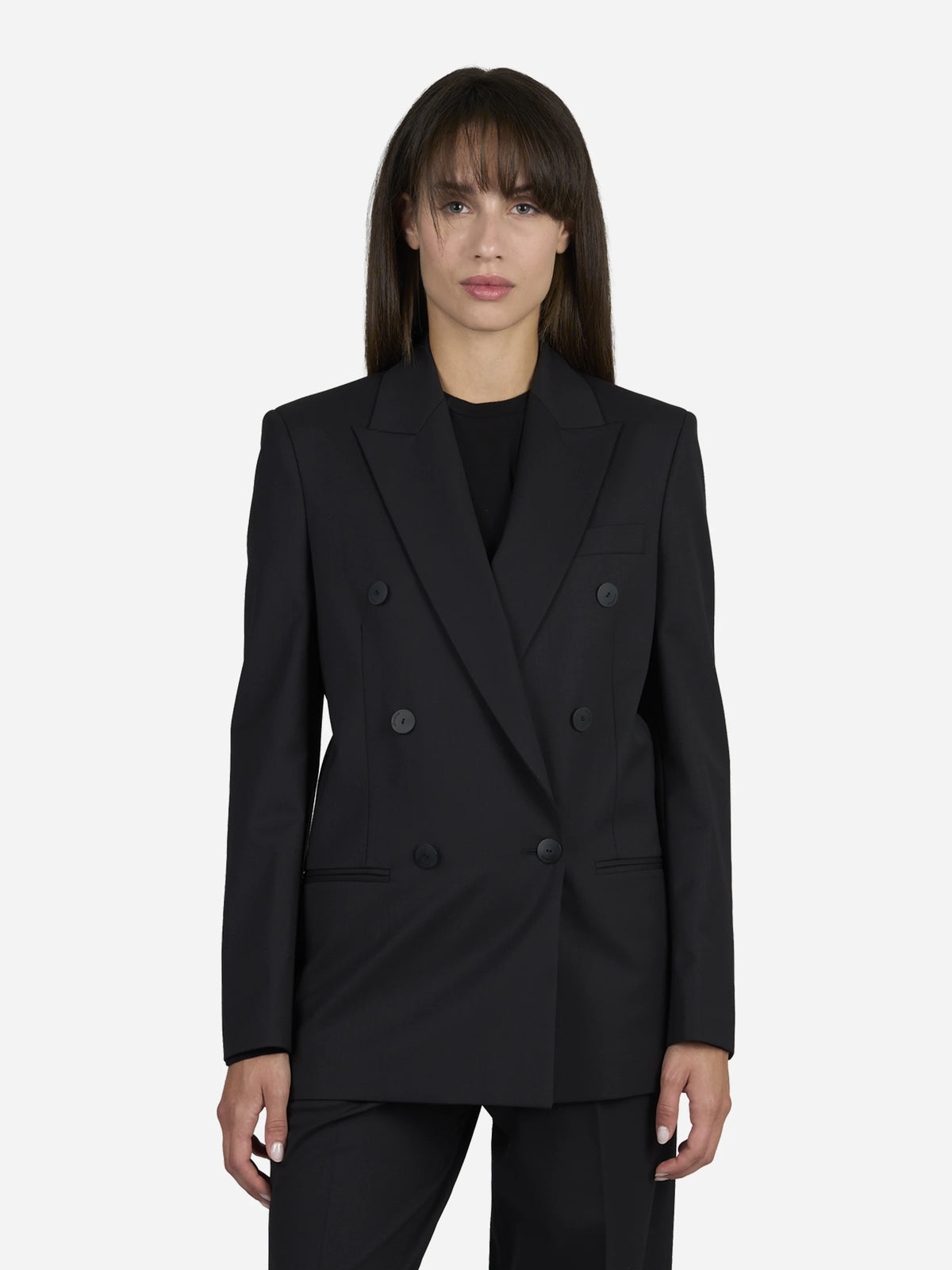 Blazer doppiopetto in lana stretch nero - indossato, vista frontale
