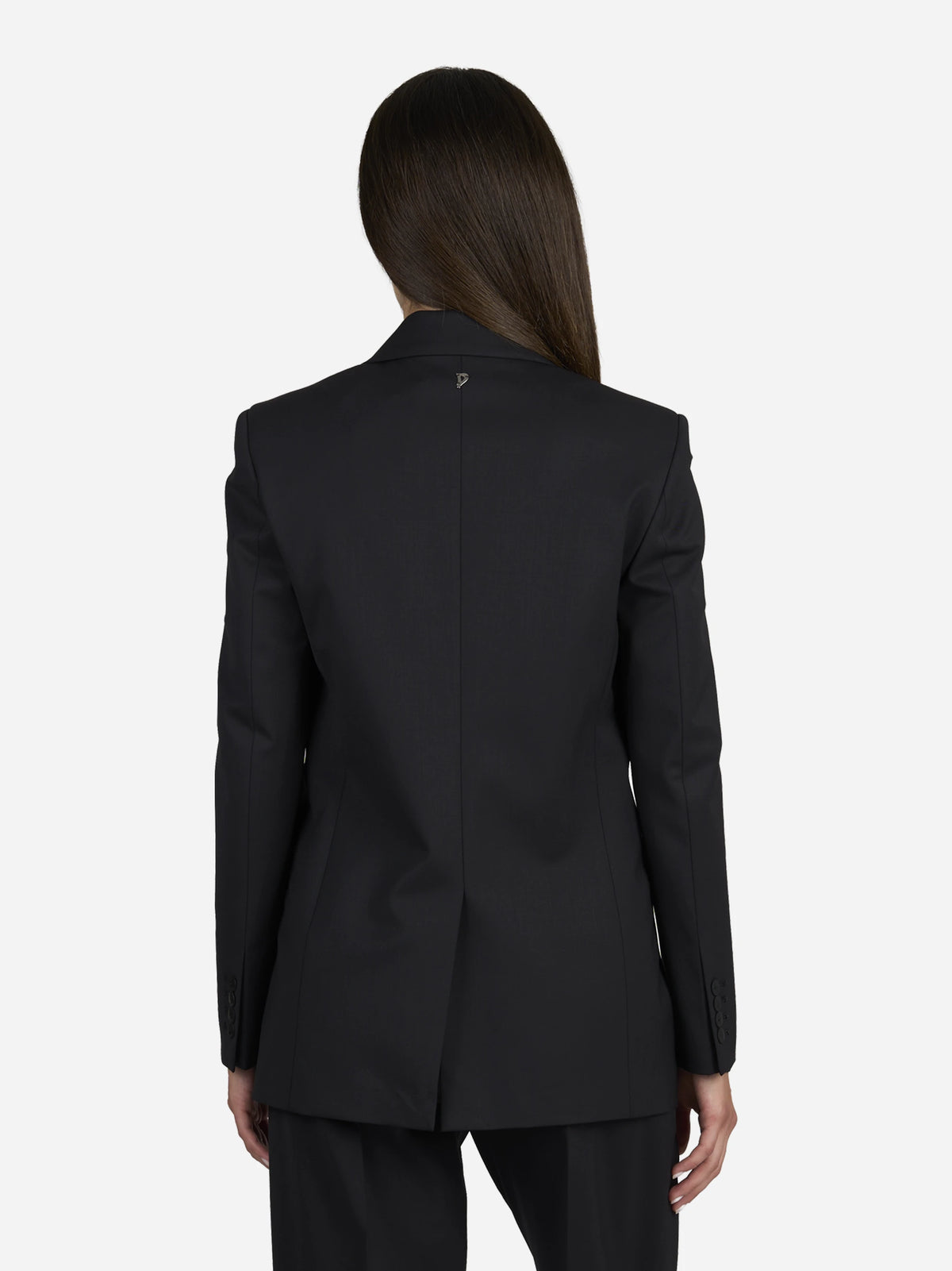 Blazer doppiopetto in lana stretch nero - indossato, vista posteriore