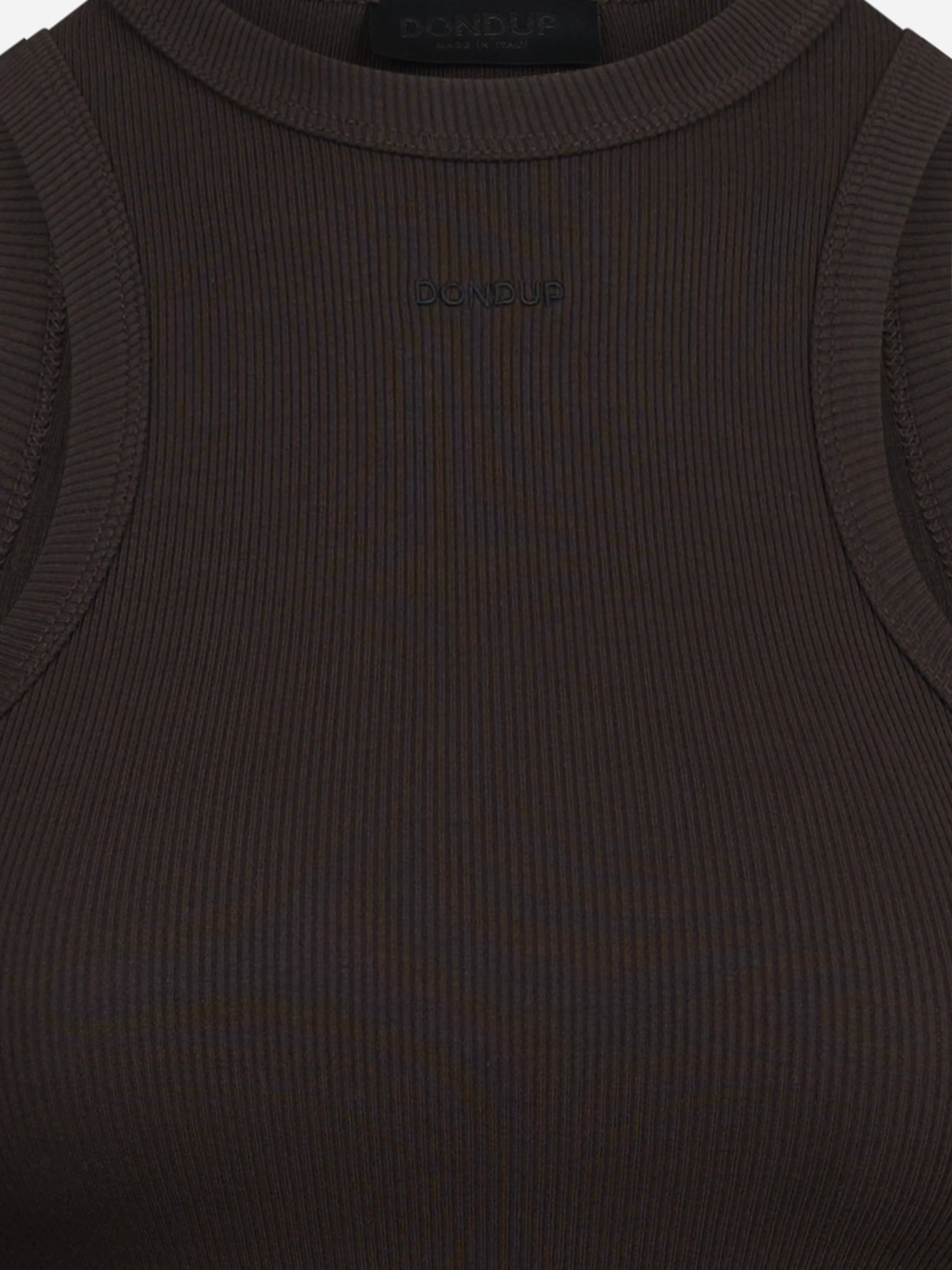 Top slim-fit a coste senza maniche marrone - vista laterale e dettagli
