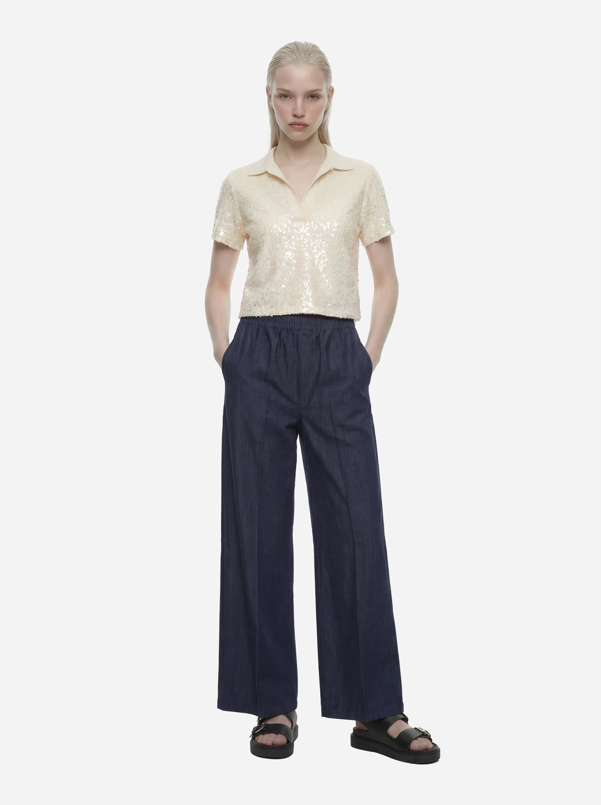 Pantalone wide leg con elastico in vita
