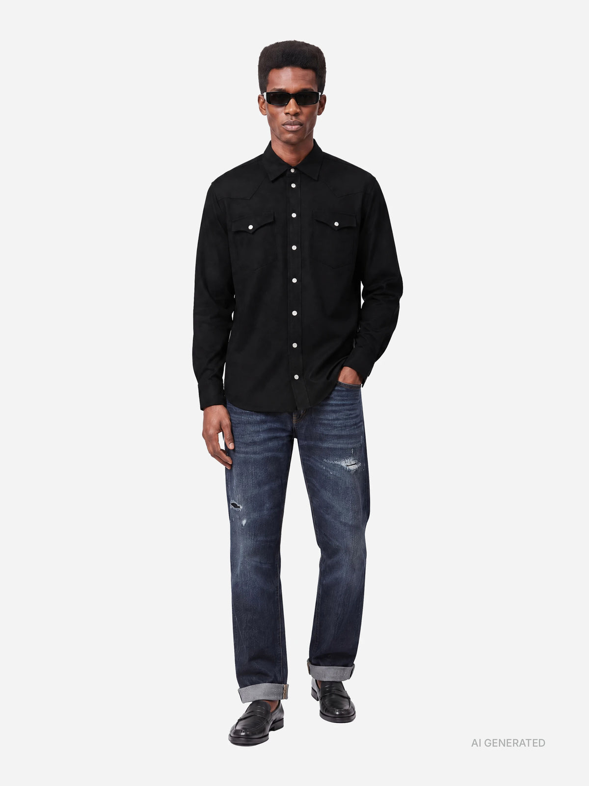 Jeans Ervin loose fit blu con risvolto - indossato, look completo
