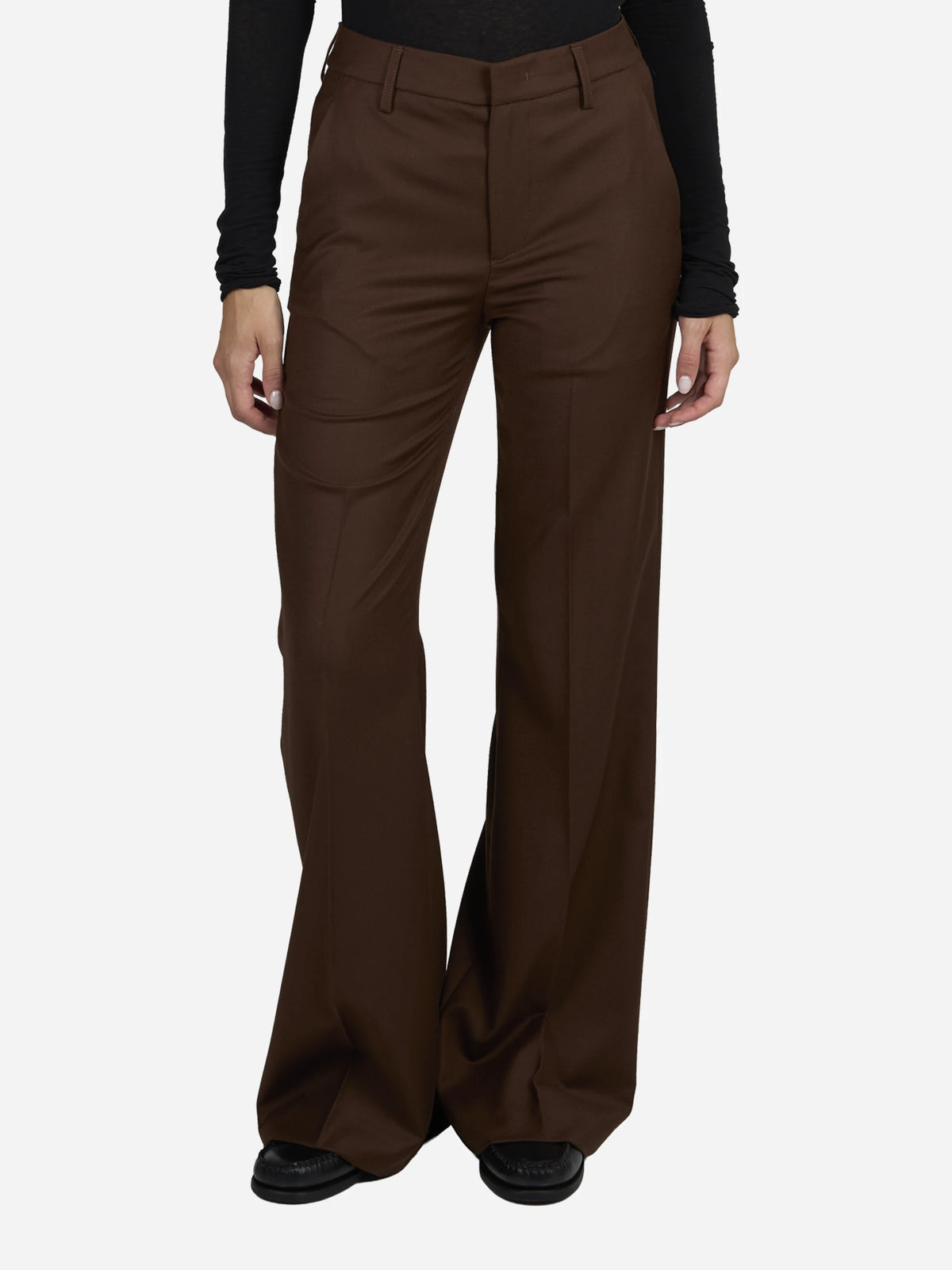 Pantaloni Janice wide leg in lana marroni - indossato, vista frontale