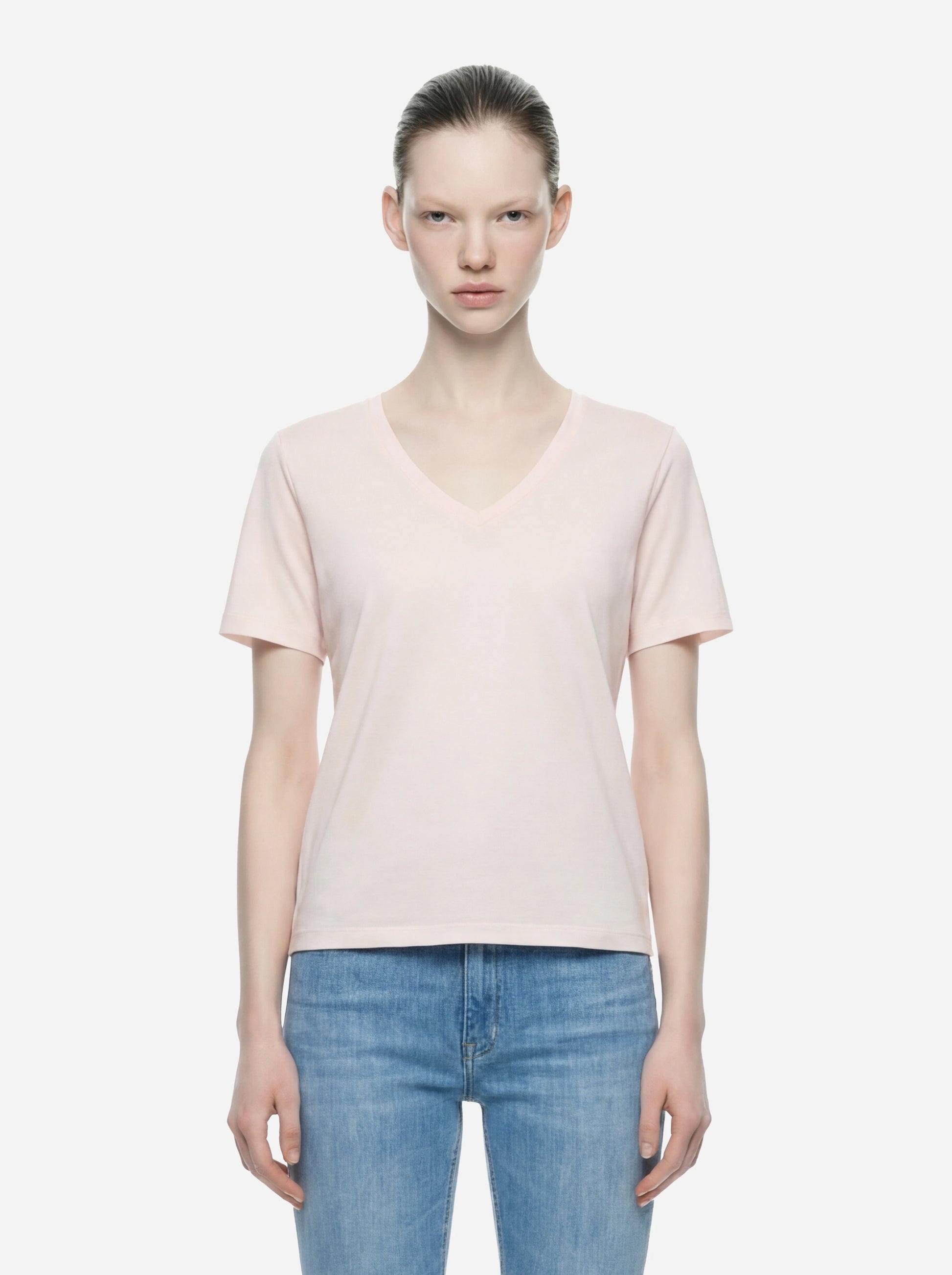 T-shirt scollo a v rosa in modal e seta
