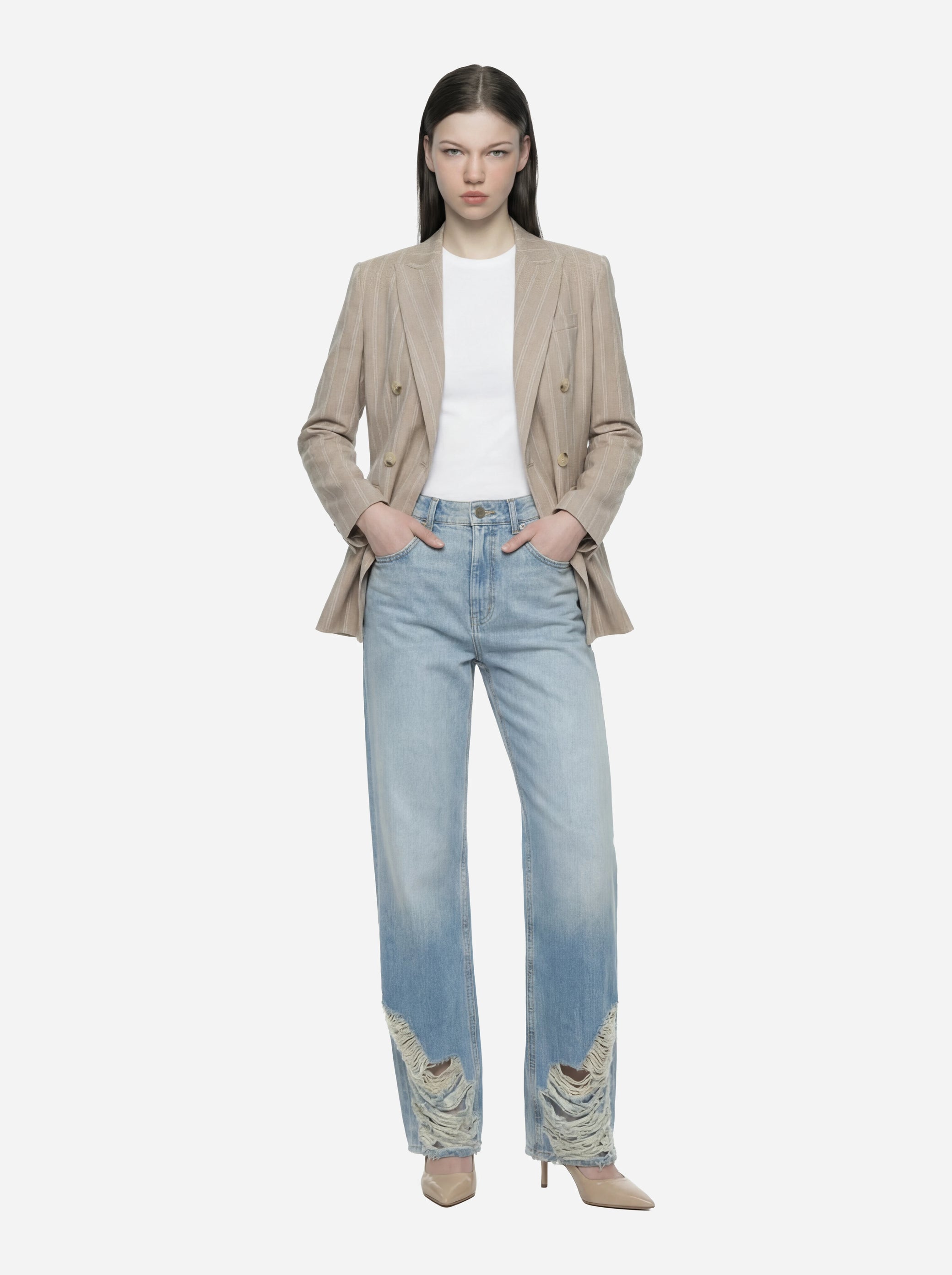 Blazer doppiopetto con motivo gessato beige