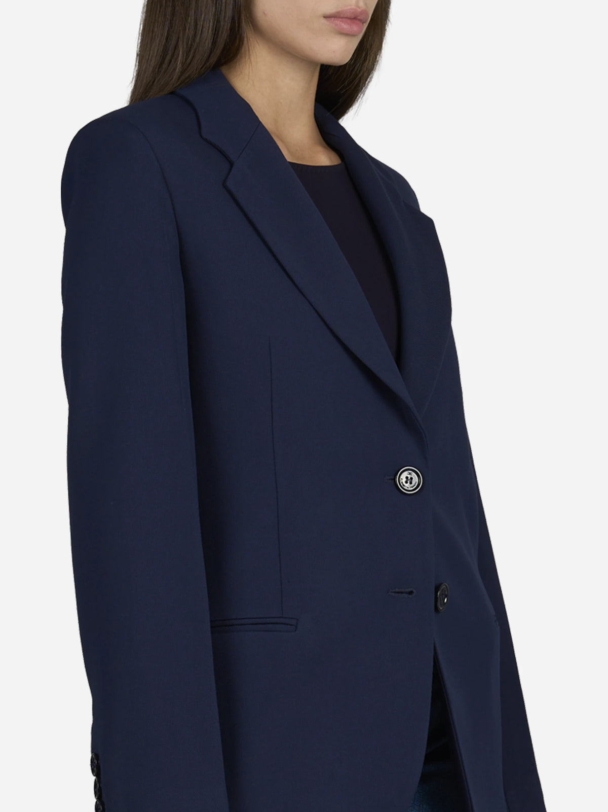 Blazer monopetto in viscosa blu - dettaglio indossato