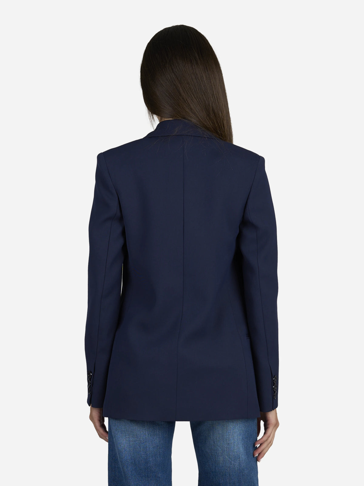 Blazer monopetto in viscosa blu - indossato, vista posteriore