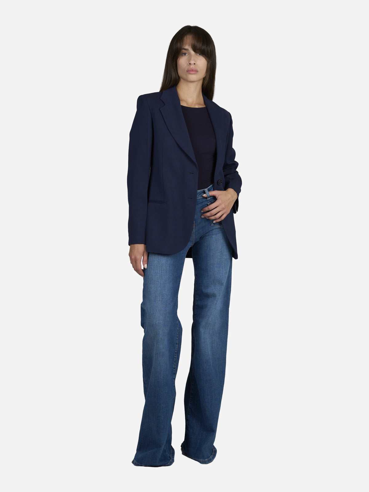 Blazer monopetto in viscosa blu - indossato, look completo