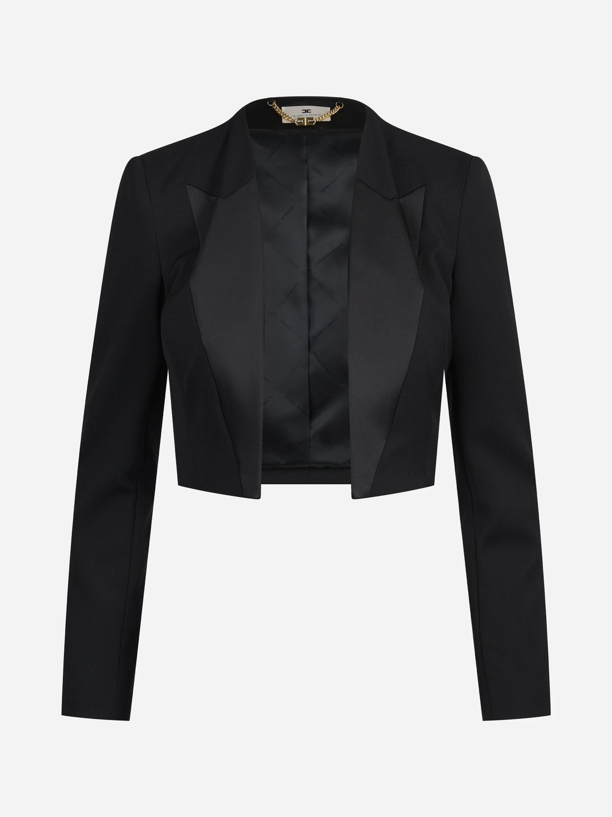 Blazer cropped in gabardina con rever in raso nero - vista frontale