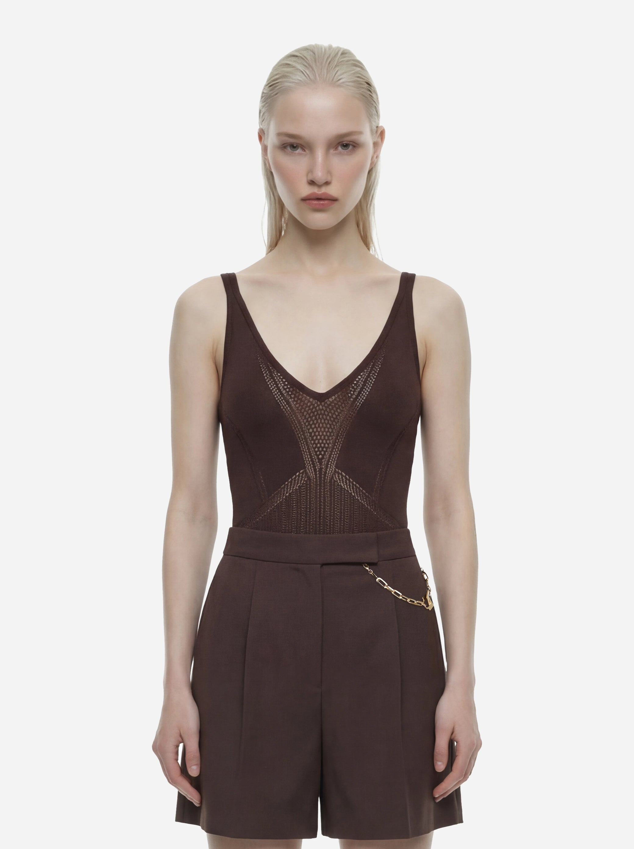 Body marrone in maglia traforata