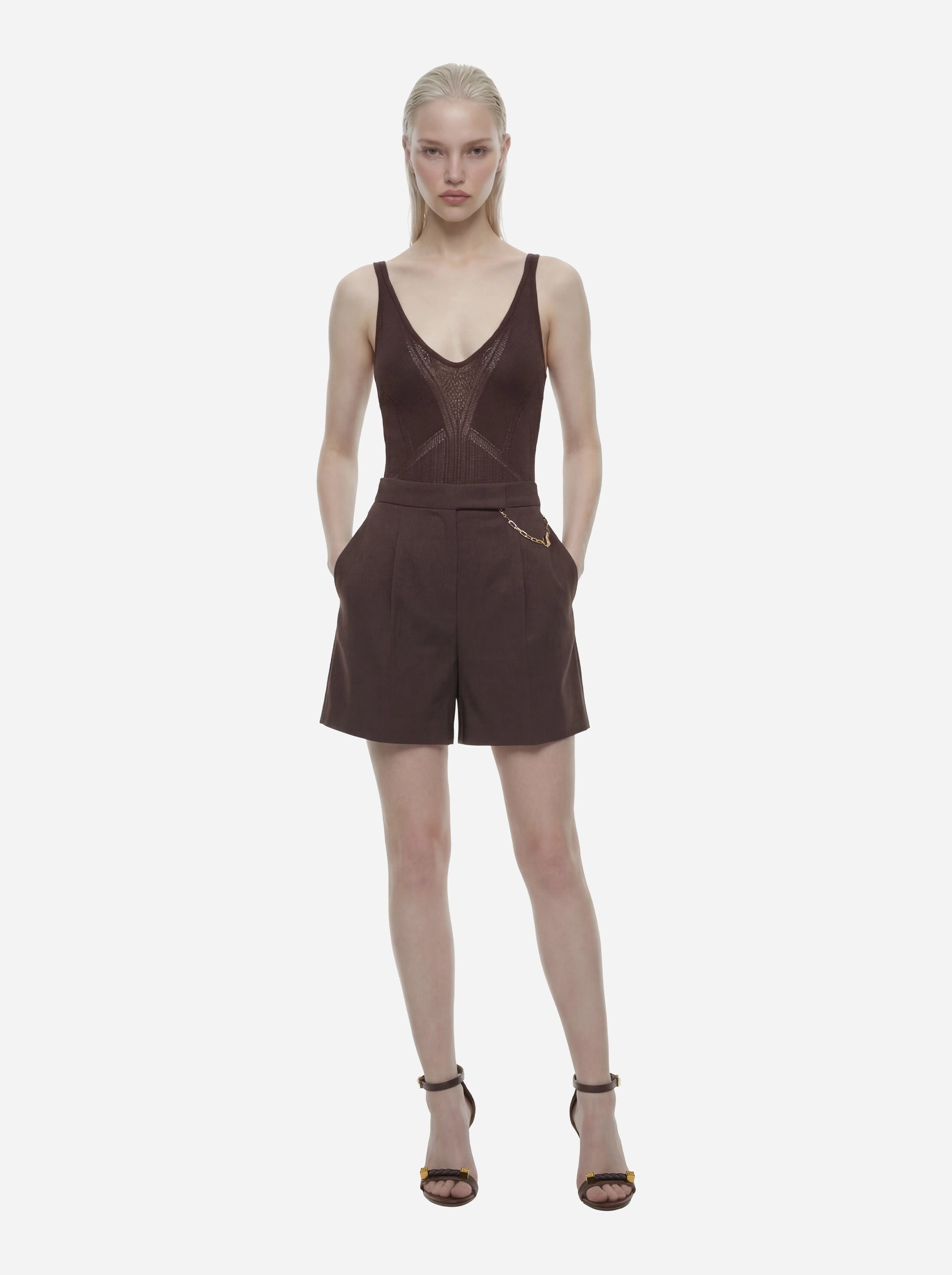 Body marrone in maglia traforata