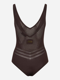 Body marrone in maglia traforata