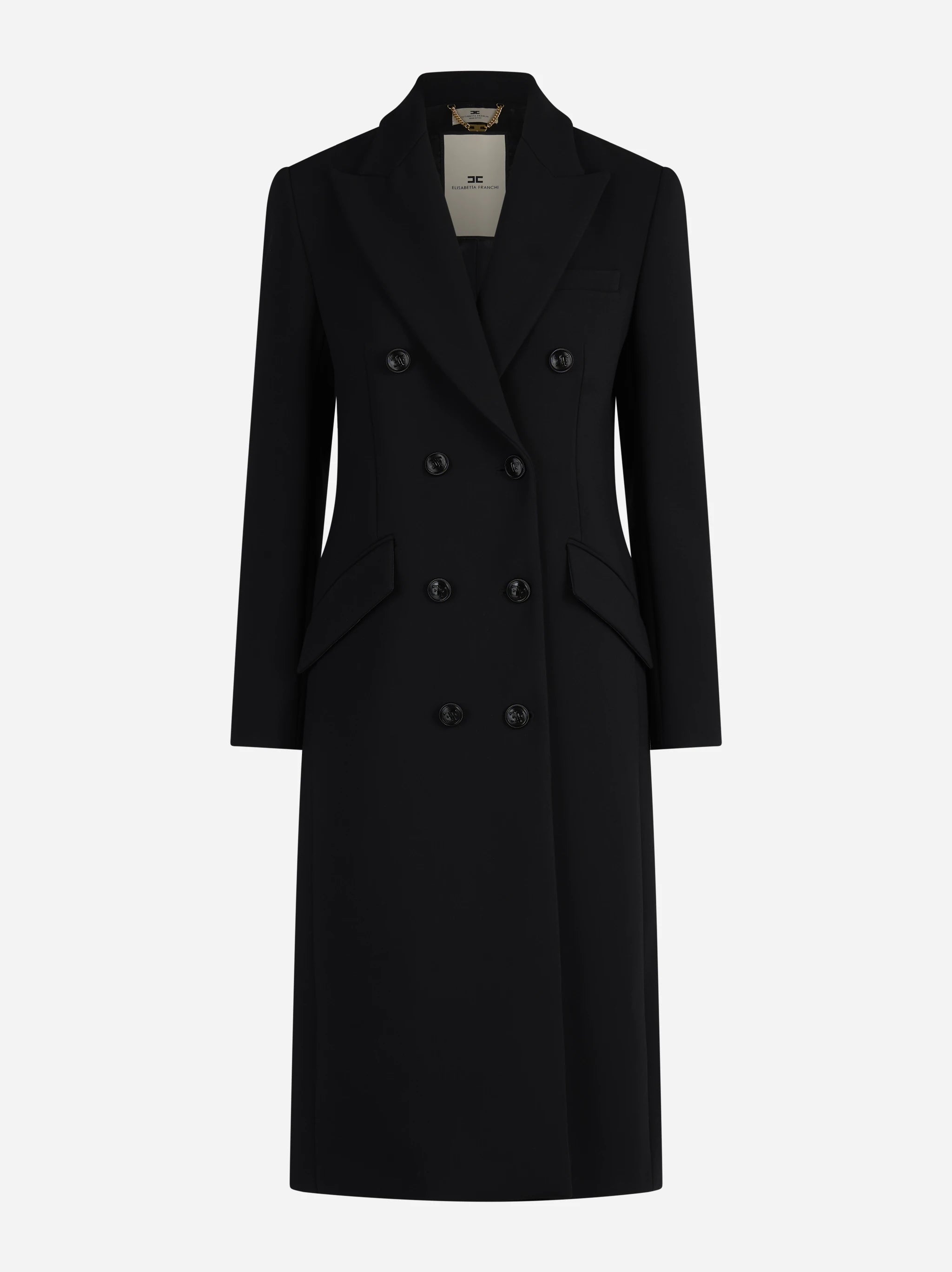 Cappotto lungo doppiopetto in doppio crêpe nero - vista frontale