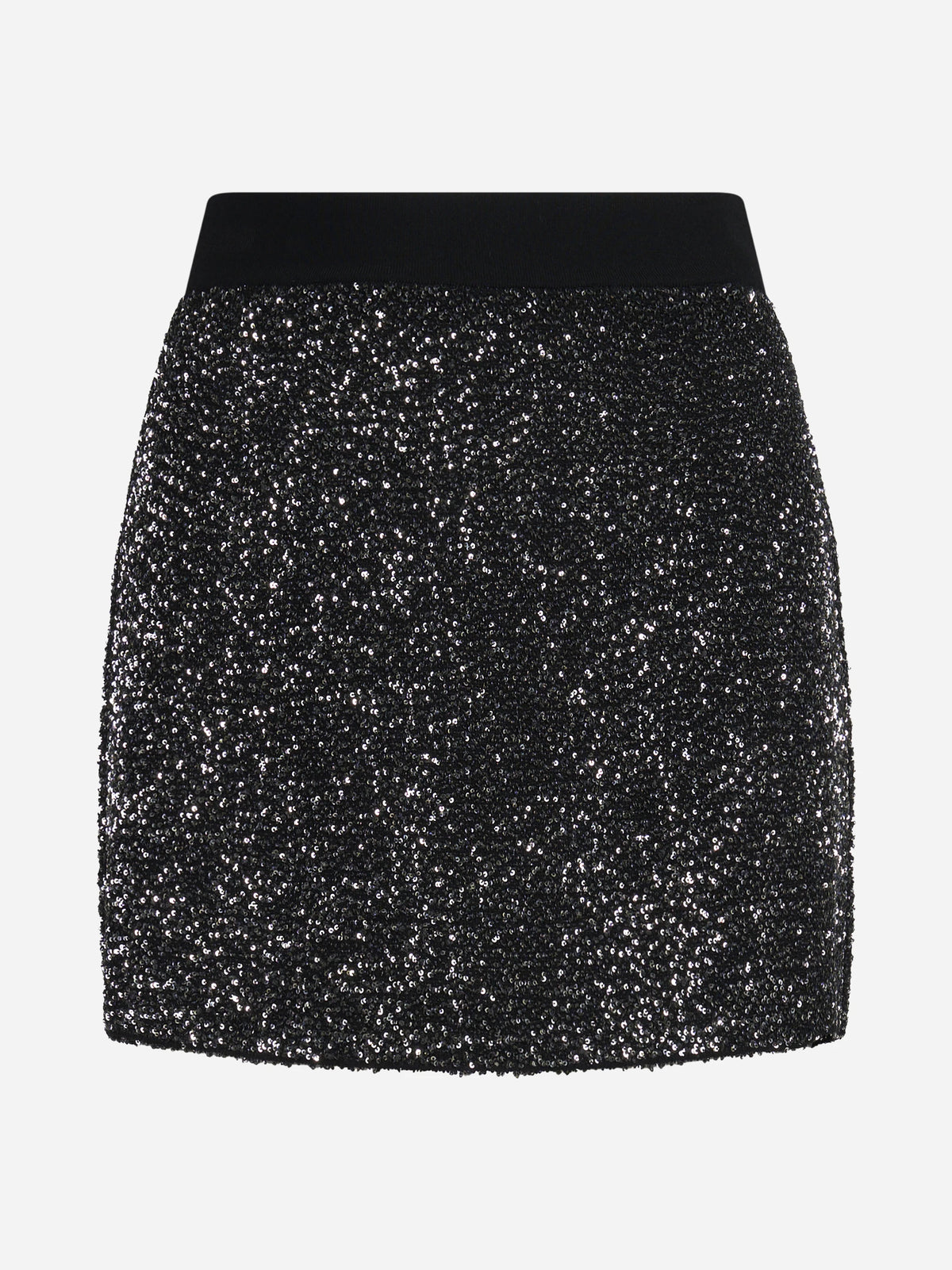 Gonna corta in maglia con paillettes nera - vista frontale