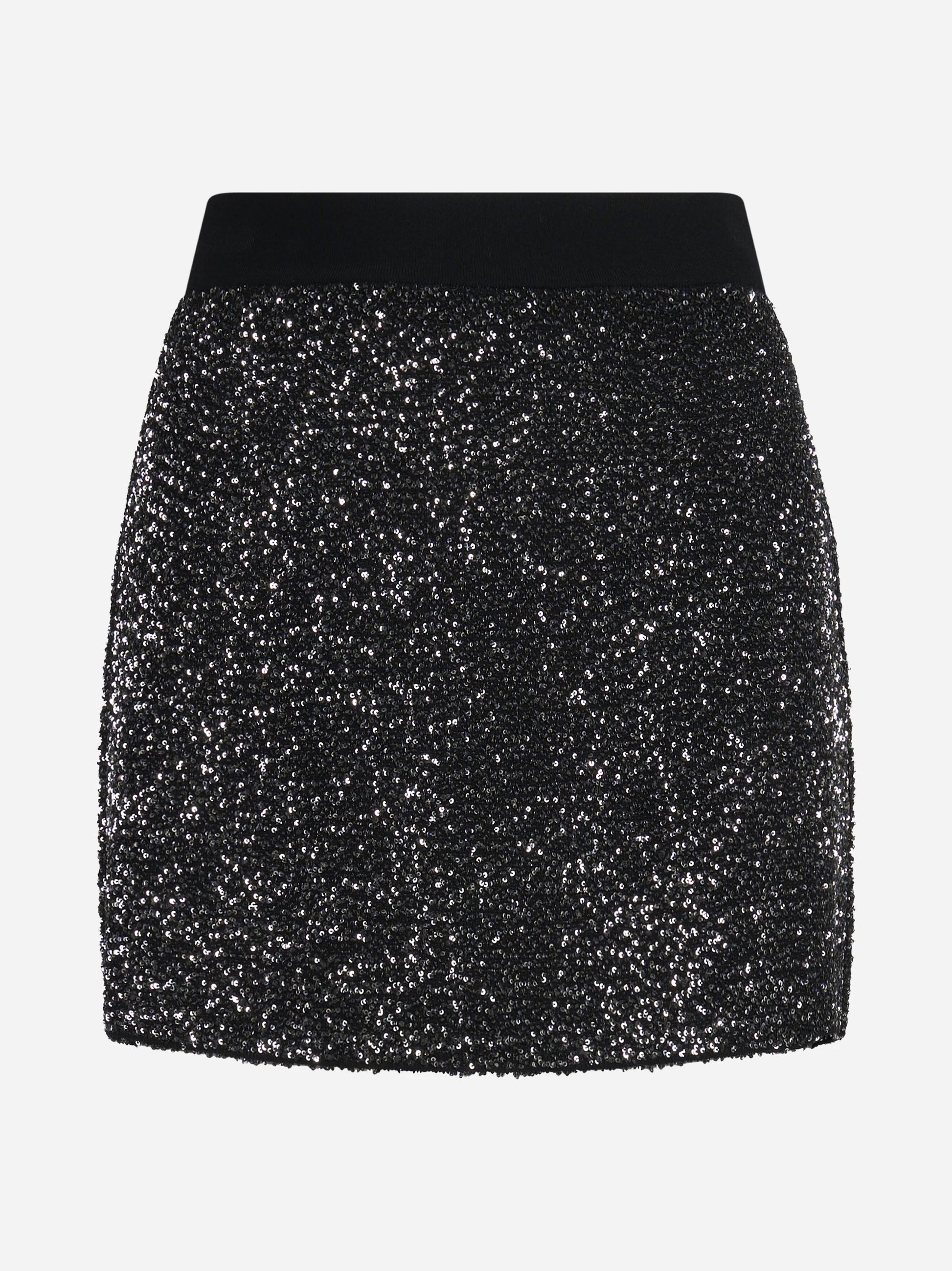 Gonna corta in maglia con paillettes nera - vista frontale