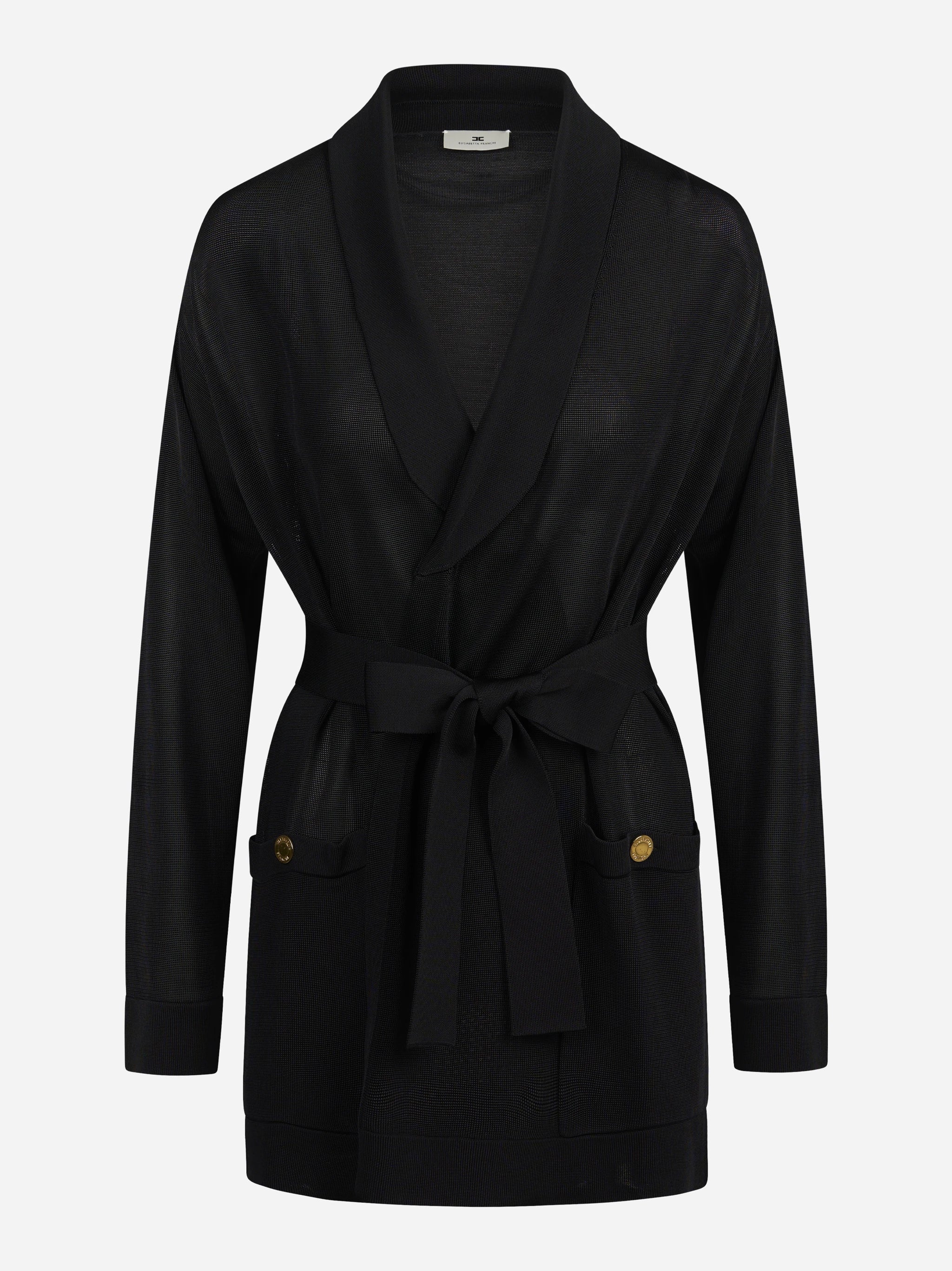 Cardigan lungo in viscosa con cintura nero - vista frontale