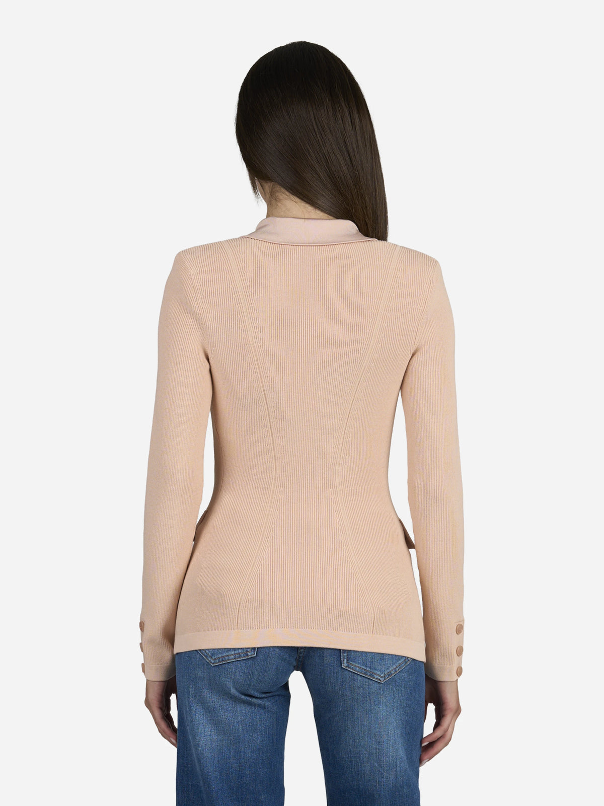 Giacca in maglia doppiopetto rosa - indossato, vista posteriore