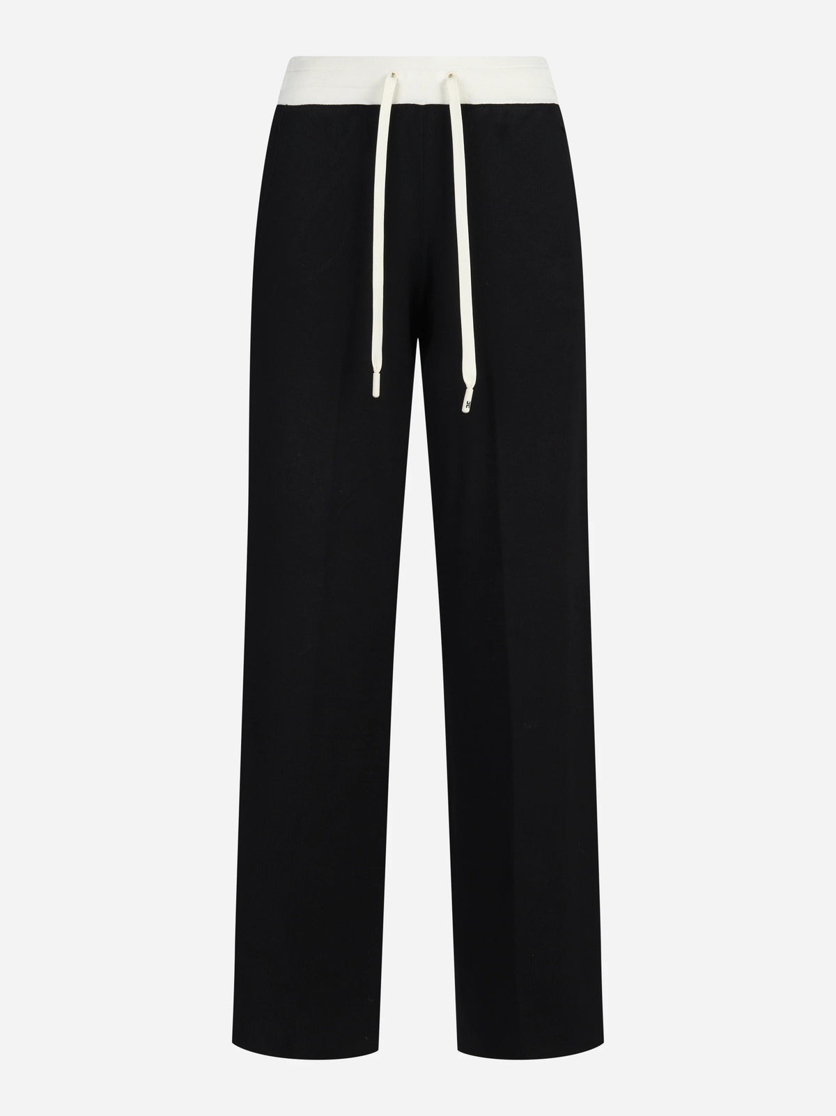 Pantaloni in maglia con logo neri e burro - vista frontale