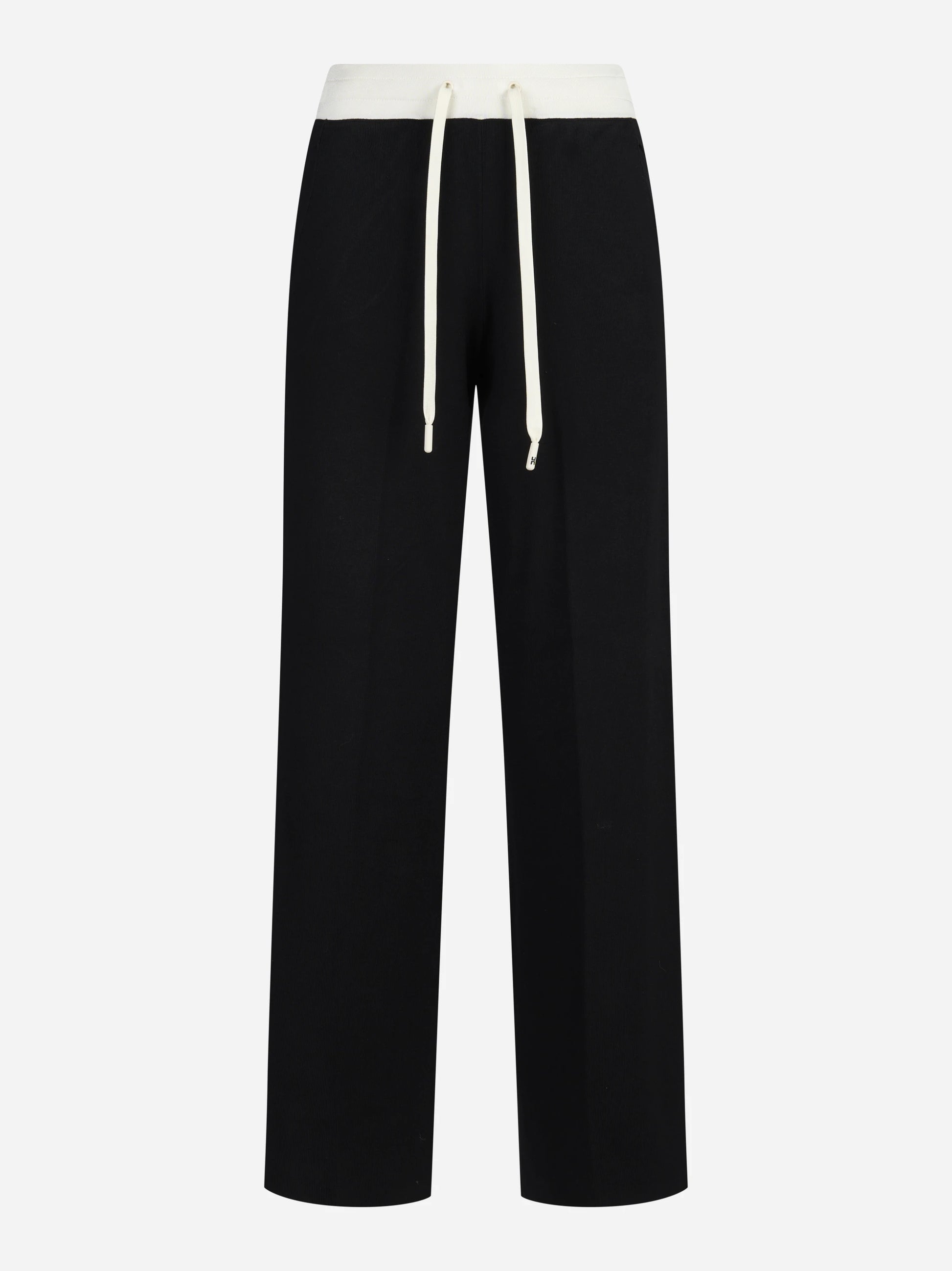 Pantaloni in maglia con logo neri e burro - vista frontale