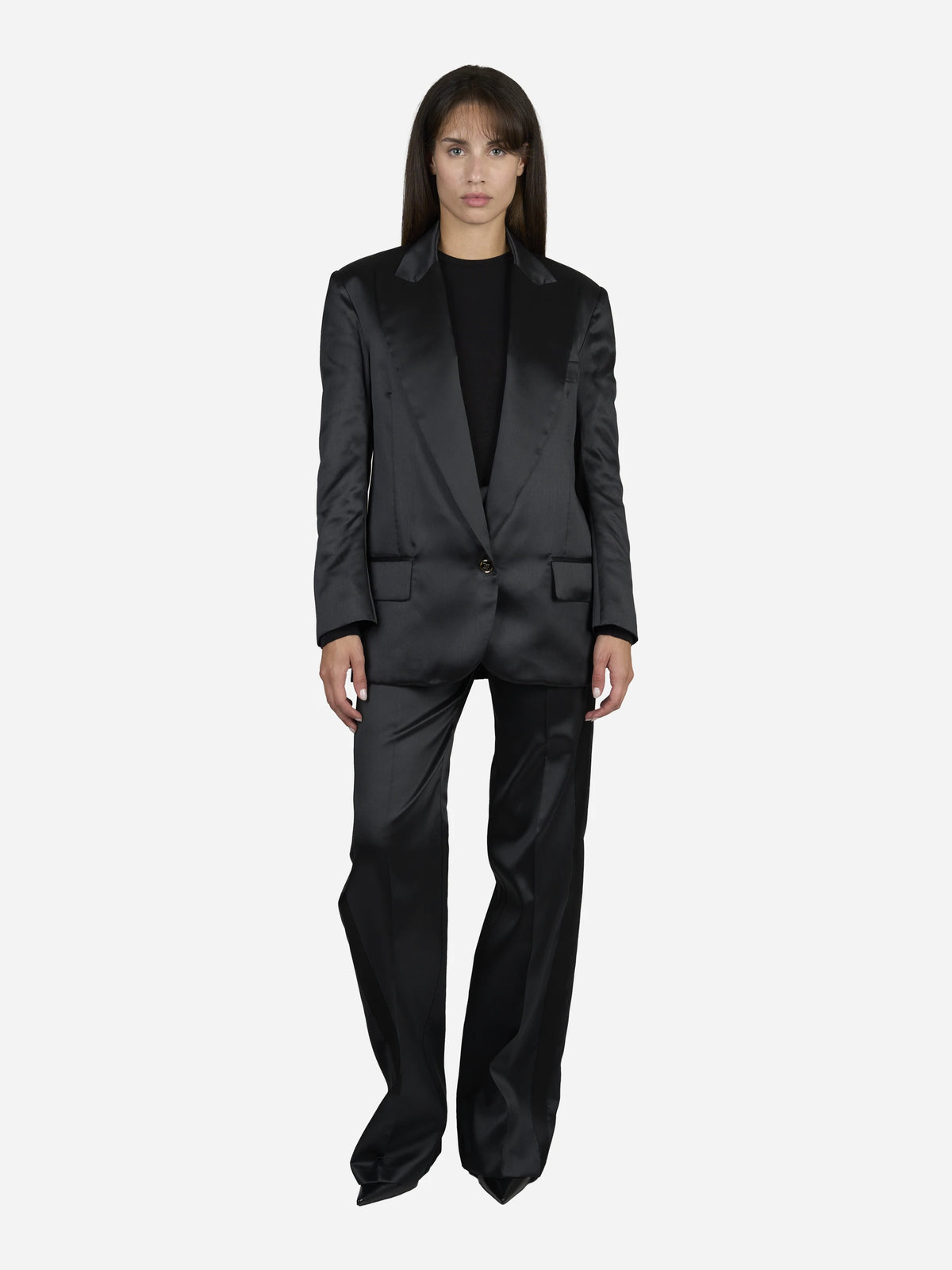 Pantaloni ampi in gazar e raso neri - indossato, look completo