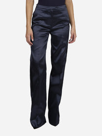 Pantaloni ampi in gazar e raso blu - indossato, vista frontale