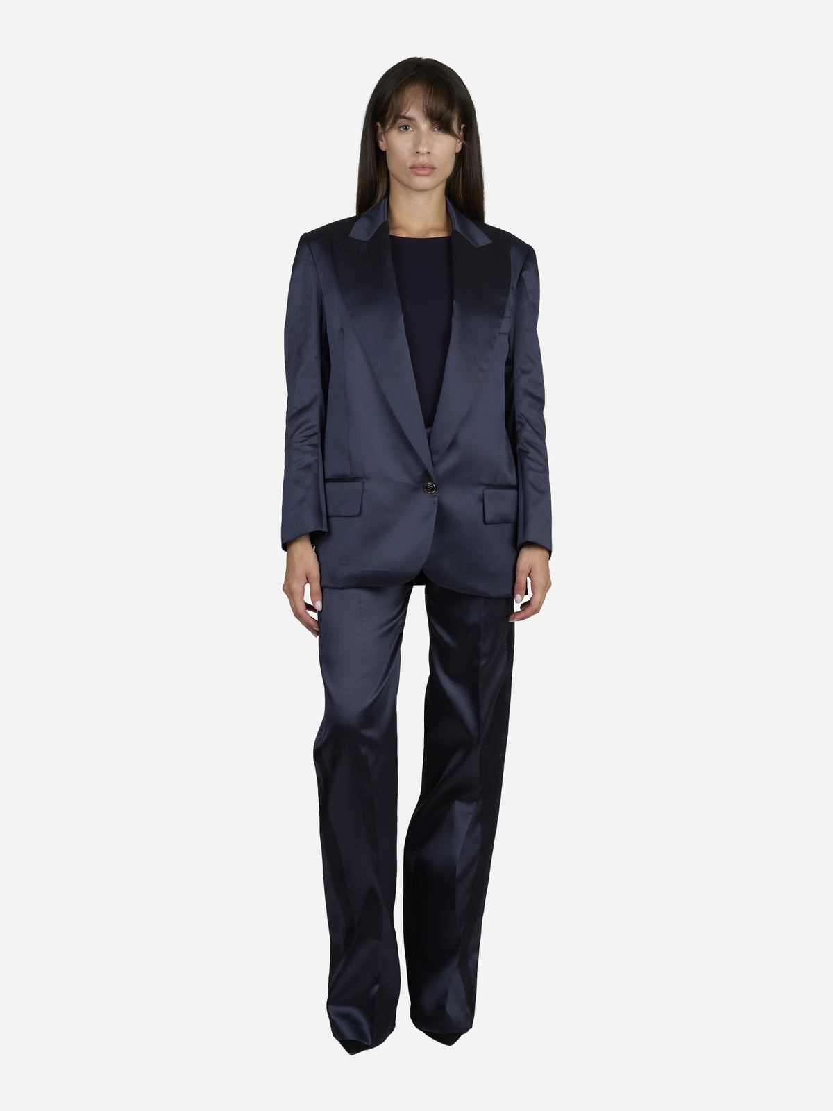 Pantaloni ampi in gazar e raso blu - indossato, look completo