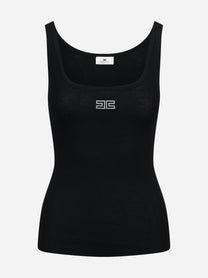 Canotta slim-fit in lana a costine nera - vista frontale