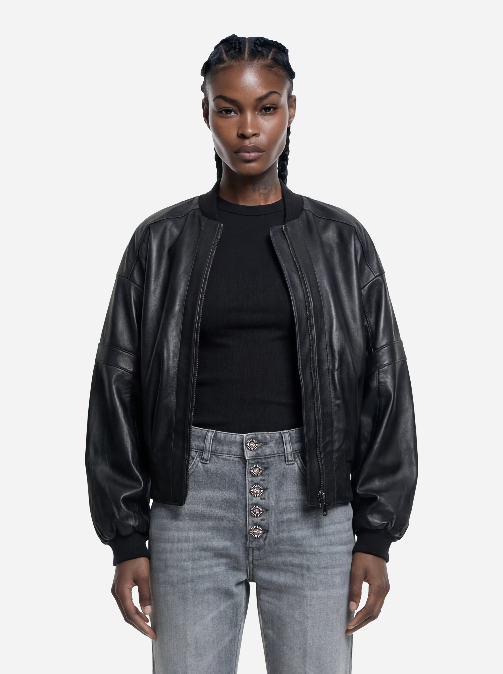 Bomber in pelle oversize nero