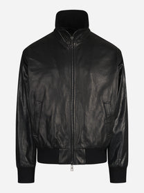 Bomber oversize in pelle con collo alto nero - vista frontale