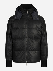 Piumino in pelle con cappuccio nero - vista frontale