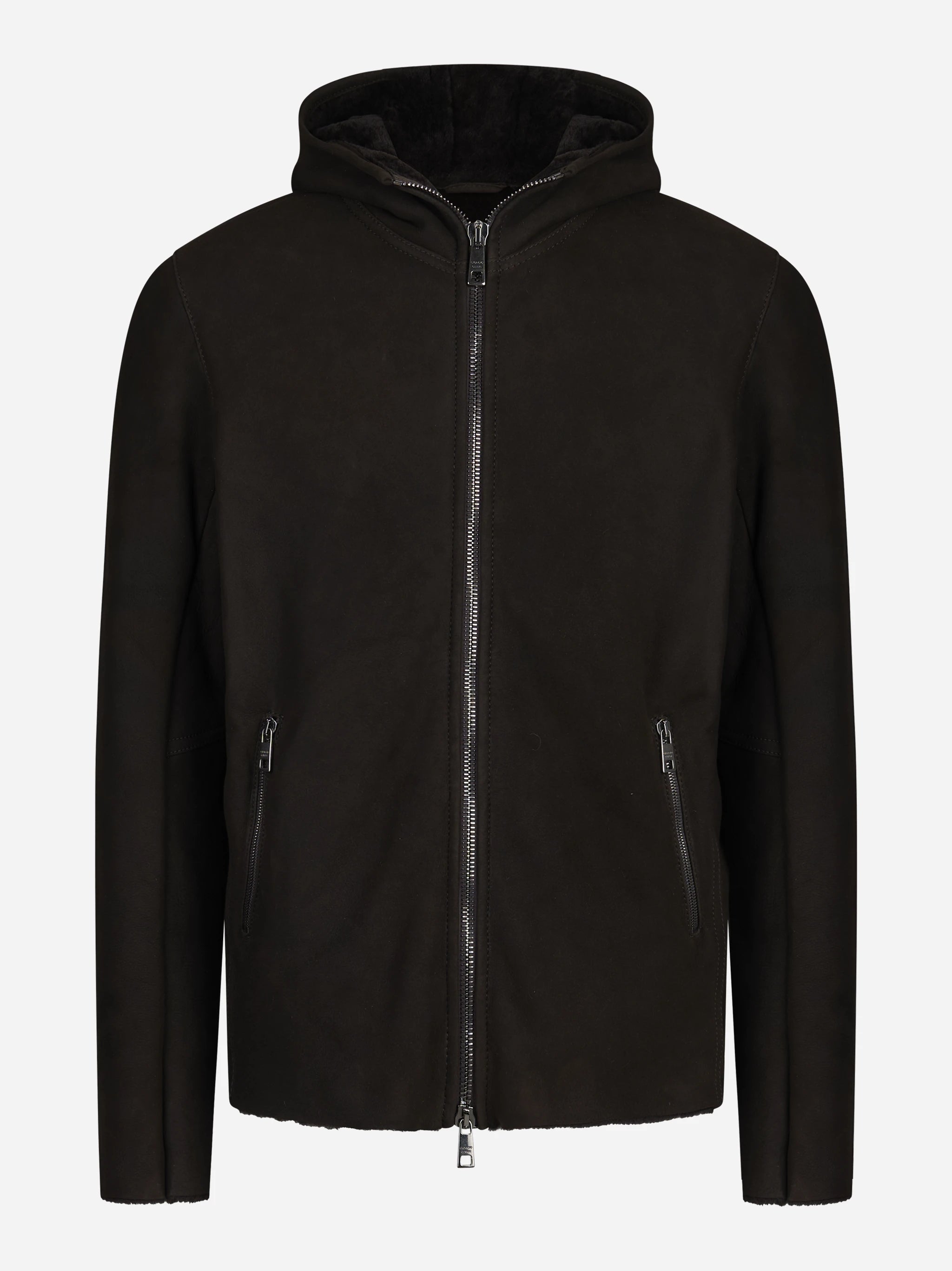 Giacca hoodie in pelle con interno shearling marrone - vista frontale