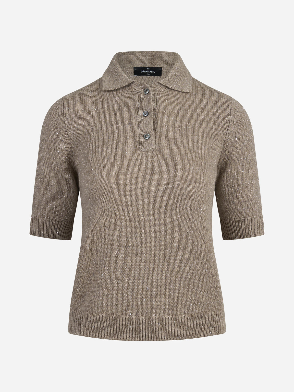 Polo a maniche corte in lana e cashmere marrone - vista frontale