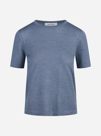 Maglia girocollo in lana e seta azzurro - vista frontale