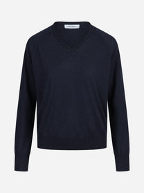 Maglia con scollo a V in lana e seta blu - vista frontale