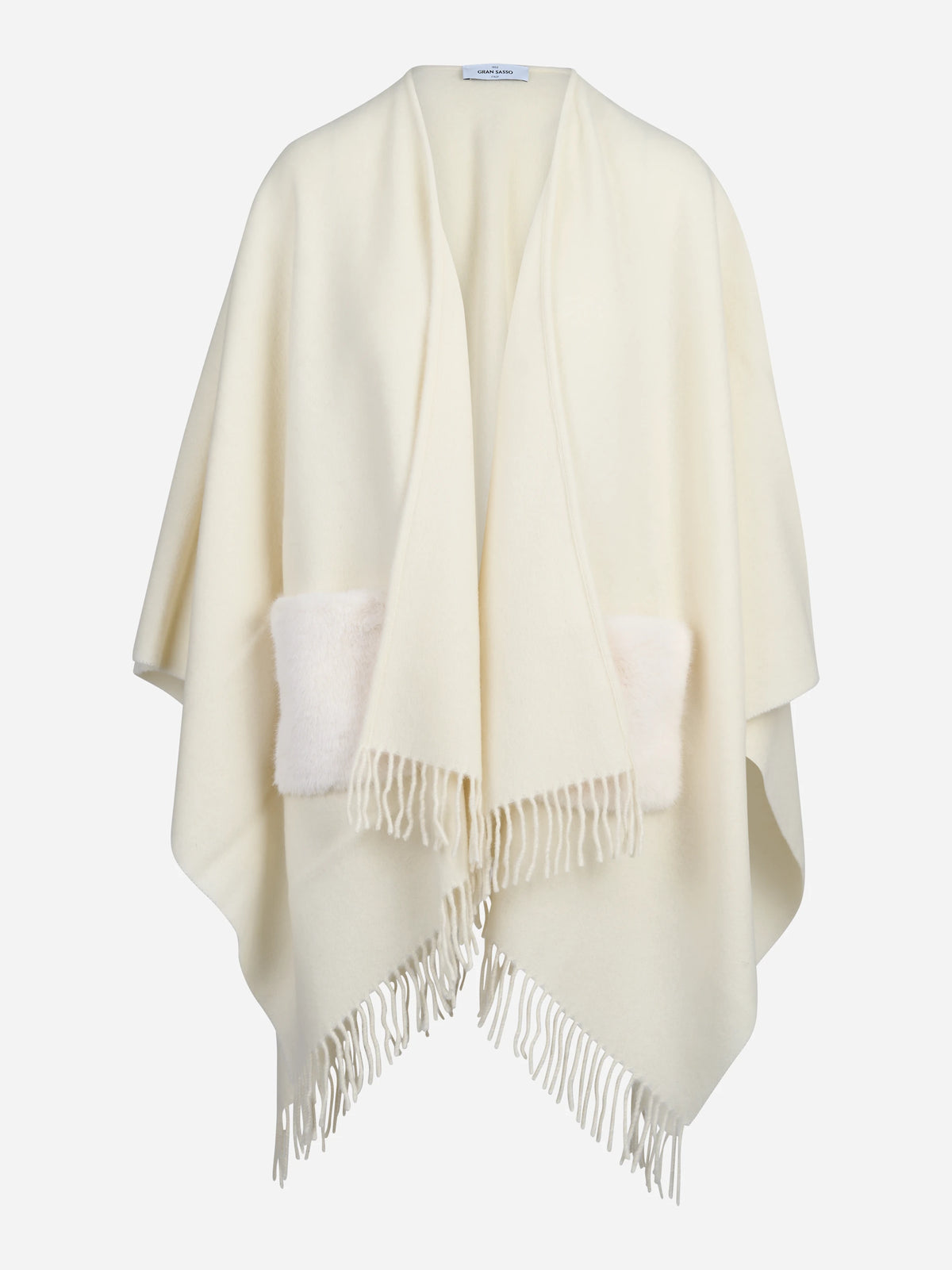 Mantella in lana e cashmere con tasche in ecopelle bianco - vista frontale