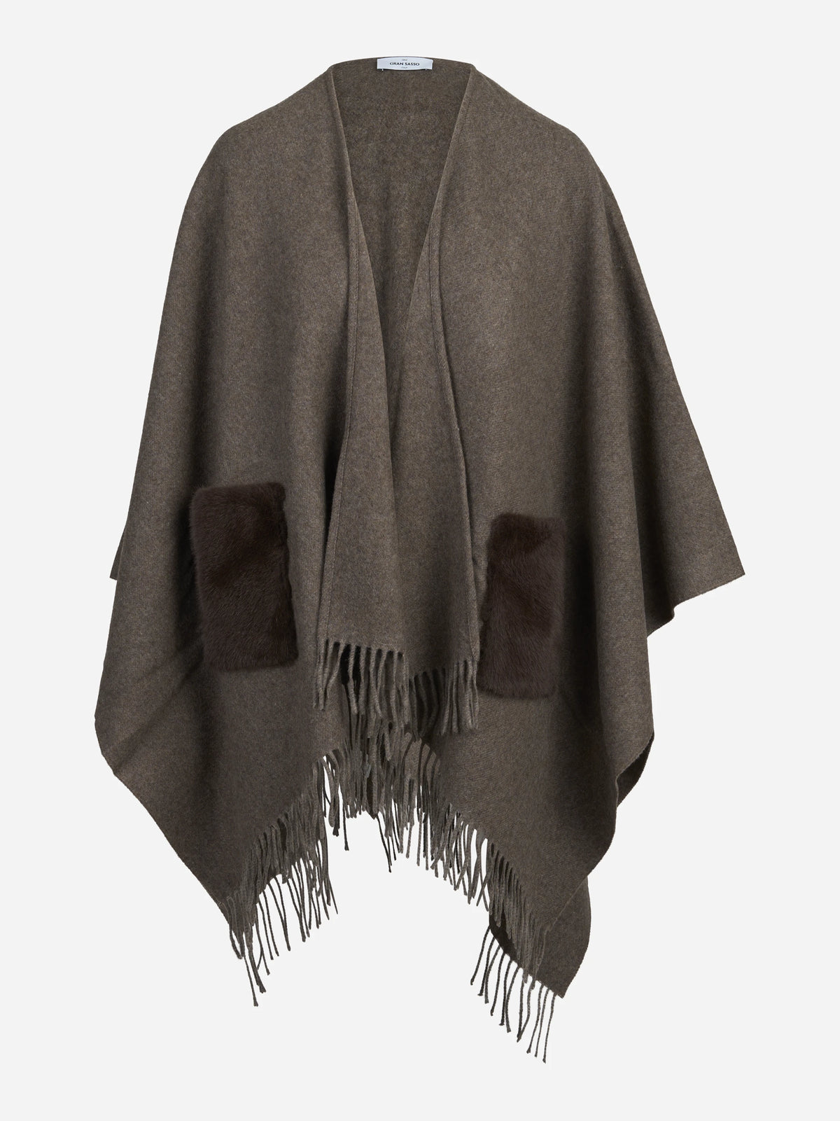 Mantella in lana e cashmere con tasche in ecopelle marrone - vista frontale