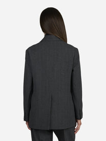Blazer monopetto gessato grigio - indossato, vista posteriore