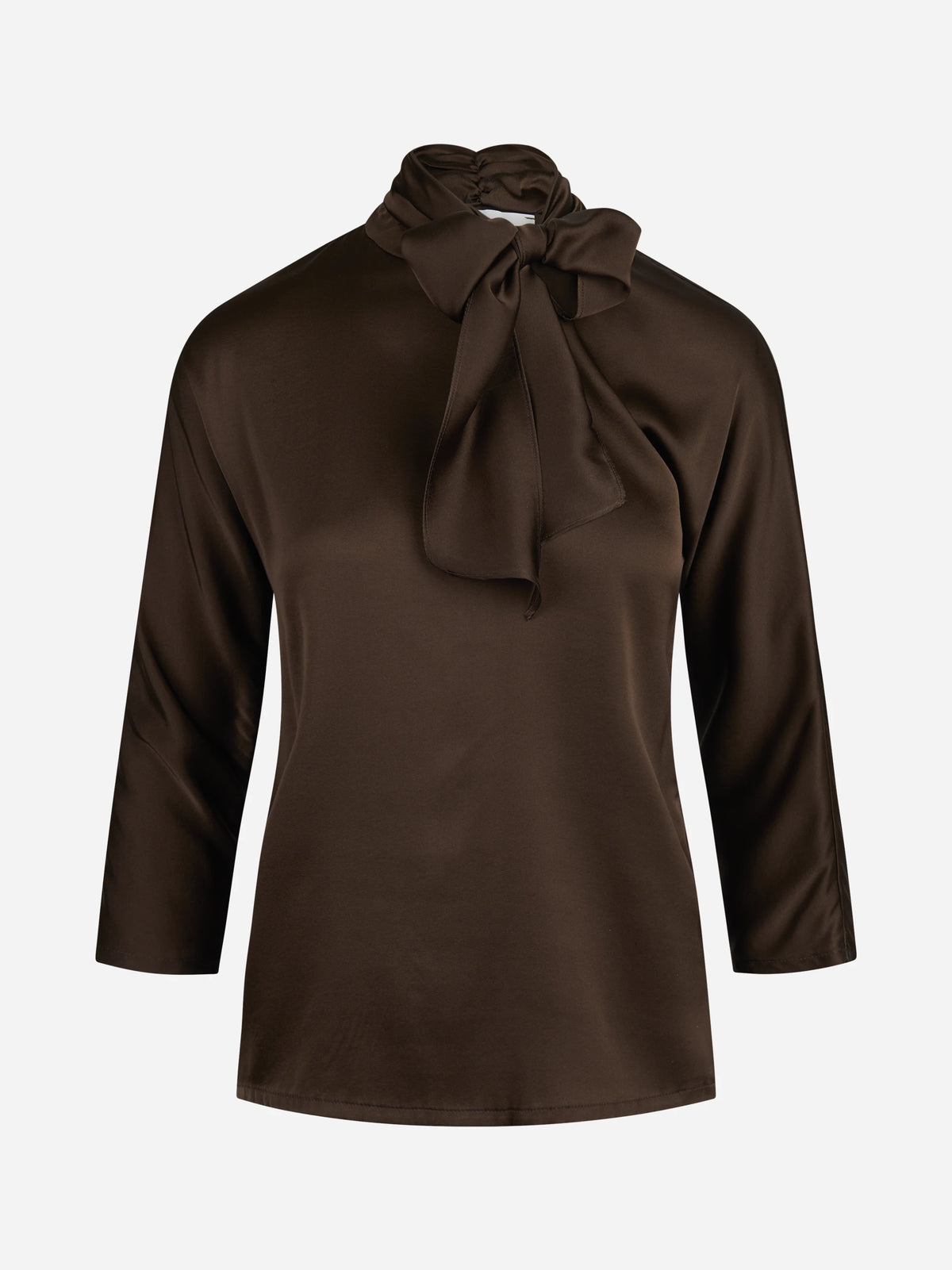 Blusa in raso di seta con fiocco marrone - vista frontale