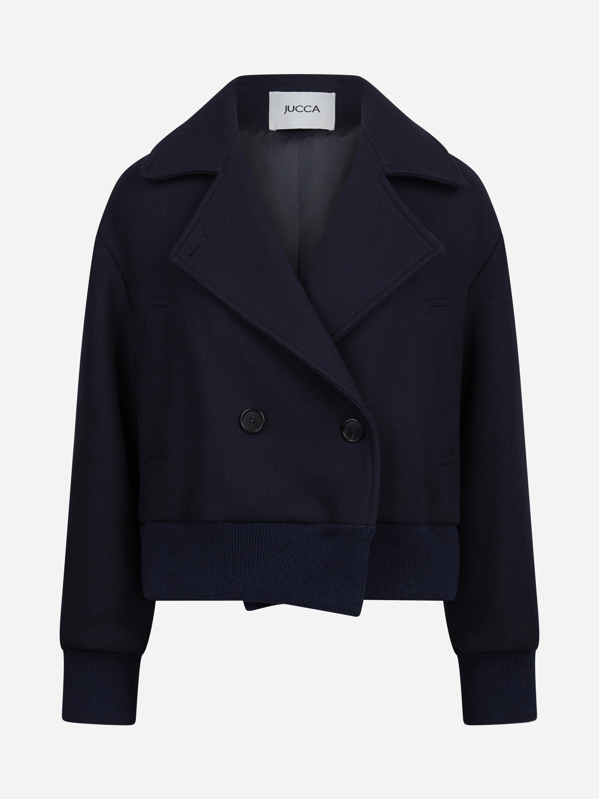 Giacca cropped doppiopetto in lana blu - vista frontale