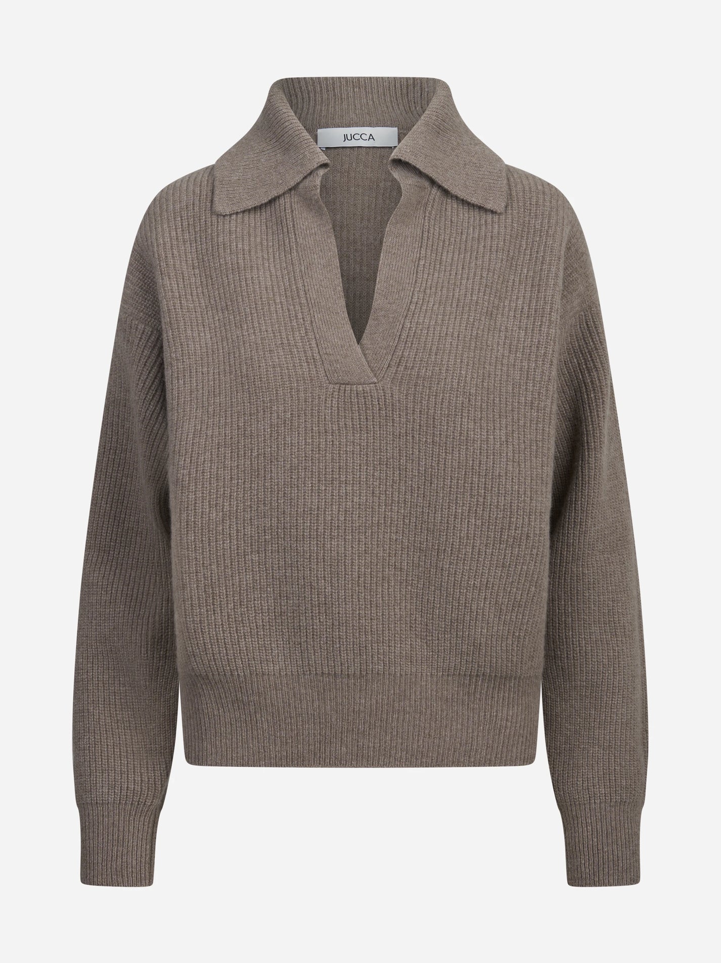 Cardigan in lana a coste con zip marrone - vista frontale